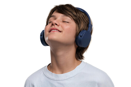 Happy young boy listening to music with wireless headphones, eyes closed in enjoyment, isolated on transparent background, png