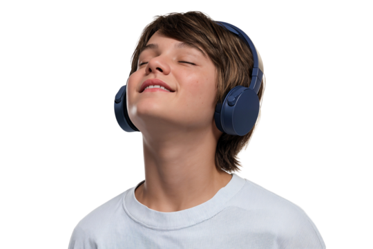 Happy young boy listening to music with wireless headphones, eyes closed in enjoyment, isolated on transparent background, png