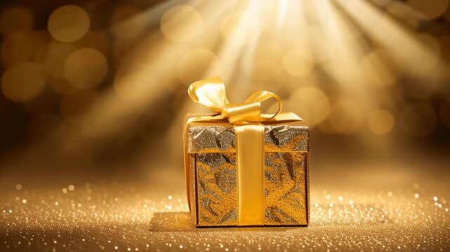 Gold gift box in luxury in shiny spotlight.Celebration and giving festival event concepts