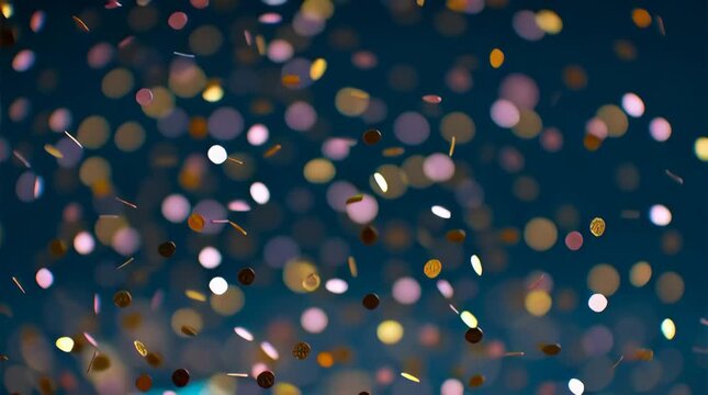 Confetti falling from open gift box celebration with metallic bokeh party sparkle, turquoise teal gift box gold confetti bursting festive motion