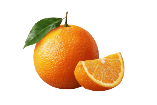Whole orange with green leaf and slice against black background fruit citrus, Isolated On White Background, Png Transparent