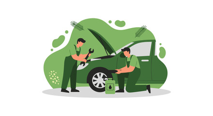 A vector illustration depicts two mechanics in green uniforms repairing a car with the hood open, showcasing automotive maintenance and service in a stylized design.