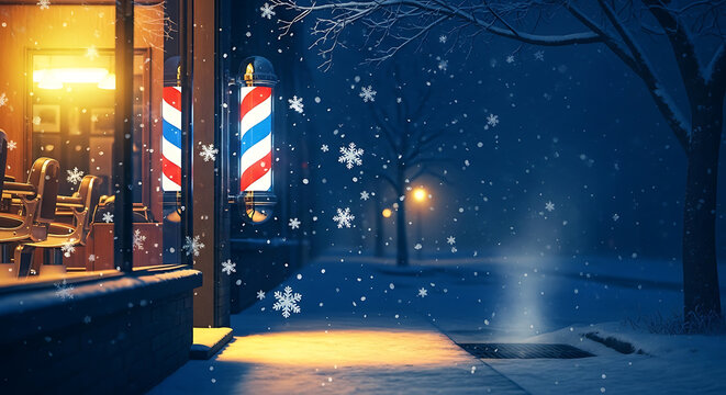 Barber shop storefront with classic barber pole illuminated at night during snowfall. - Powered by Adobe