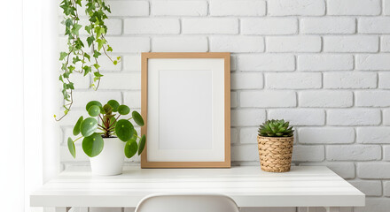 Minimalist White Desk with Blank Frame and Green Plants Background