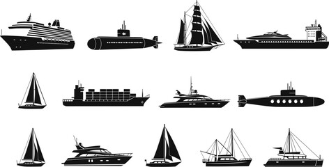 Various Types of Ships and Boats Silhouettes untitled vector