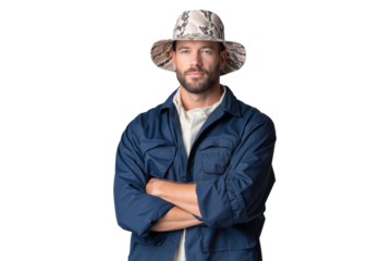 Studio portrait of a confident Zoo keepr with crossed arms, wearing safari hat, isolated on transparent background, png