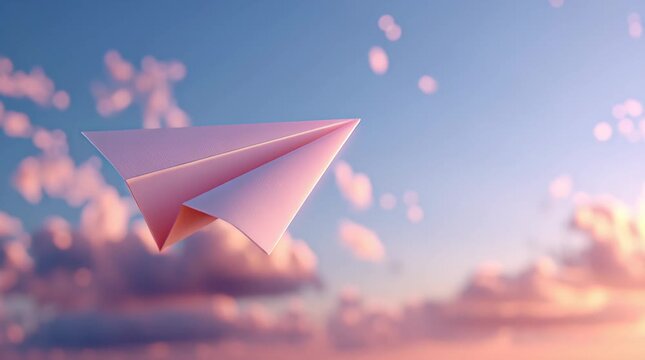 Pink paper plane airplane pastel sky soft cloud sunset gentle flight evokes calm hopeful mood freedom imagination flight journey