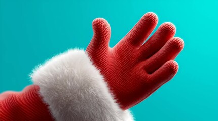 Red glove with white fur cuff waving hand motion against teal background festive fur cuff waving glove hand motion - Powered by Adobe