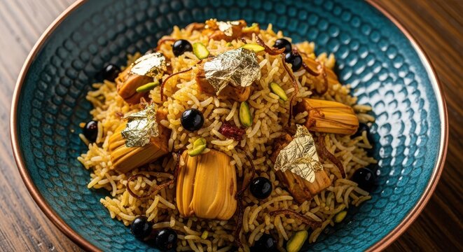 A delectable bowl of kabuli pulao, an afghan rice dish, adorned with succulent lamb, pistachios, and a touch of edible gold leaf