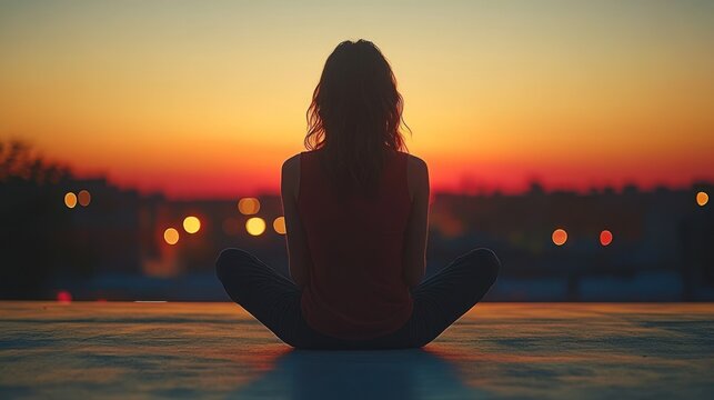 Silhouette of woman meditating on rooftop at sunset