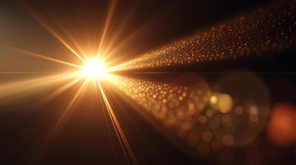 Golden sunburst light flare warm glow radiance with bokeh particles beam sparkle trail sunbeam dust rays shining bright cinematic golden hour warmth - Powered by Adobe