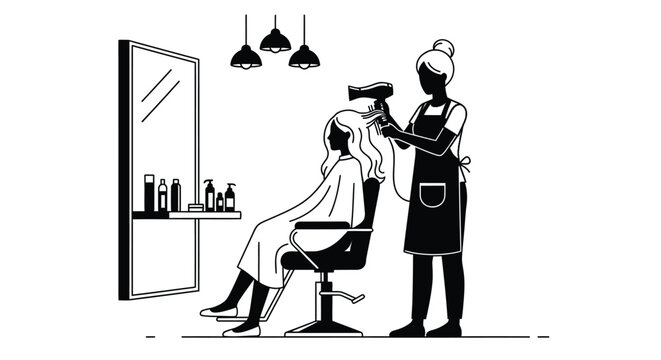 Professional stylist blow drying a customer's hair in a salon setting