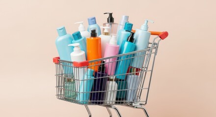 Shopping Cart Packed with Assorted Skincare and Haircare