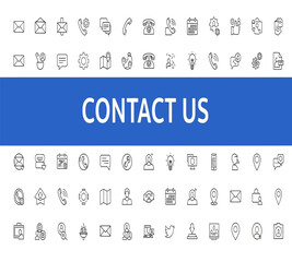 Illustration of contact us banner with various communication and business icons, representing customer support, online service, and global connectivity, isolated on white background
