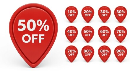 Red Map Pin Discount Icons for Sales Promotions