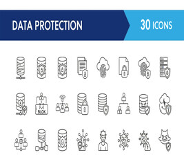 Illustration of data protection and cyber security icon set with symbols for network, cloud, database, file, and privacy management, isolated on white background