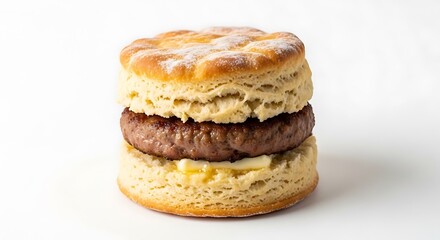 Fototapeta premium Delicious Sausage Biscuit Sandwich, Kitchen Food Photography, Bright Space Breakfast, Southern Comfort Food