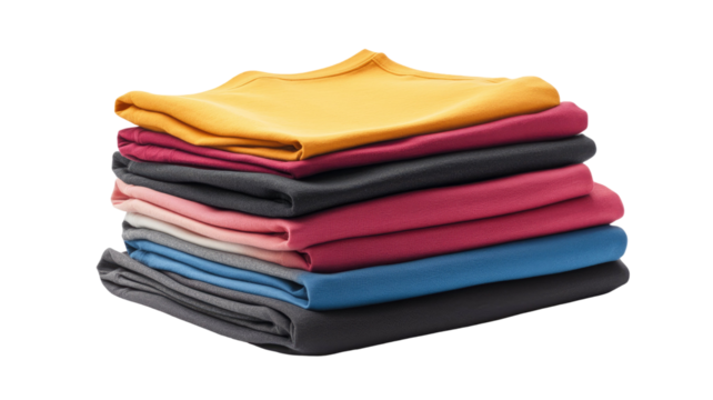 Neatly folded stack of blank T-shirts arranged in clean layered pile showing smooth fabric texture clearly isolated on white background
