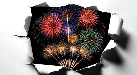 Fireworks Bursting Through Torn Paper, Colorful Celebration on B