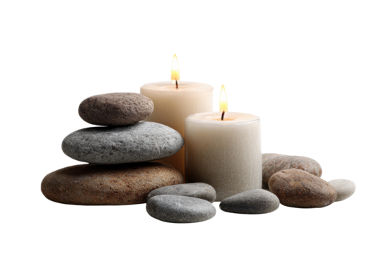 Two lit white candles beside stacked smooth grey and brown river stones light flame, Isolated On White Background, Png Transparent