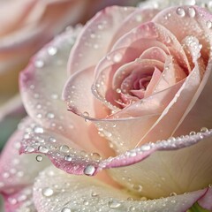 Fototapeta premium Dew-Kissed Petal Edges, Soft Pastel Focus. Close-up of petal edges with dew drops and soft focus—delicate pastel palette for elegant beauty campaigns.