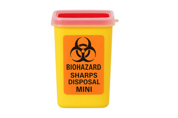 Yellow biohazard sharps disposal container with transparent background