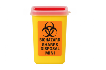 Yellow biohazard sharps disposal container with transparent background