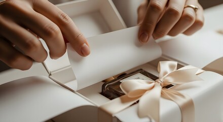 Perfume gifting moment: hands unboxing luxury fragrance with ribbon and tissue paper