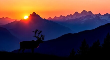 Silhouette of a Reindeer Against a Mountainous Sunset Landscape