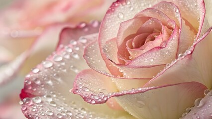 Fototapeta premium Dew-Kissed Petal Edges, Soft Pastel Focus. Close-up of petal edges with dew drops and soft focus—delicate pastel palette for elegant beauty campaigns.