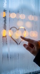 Person drawing heart on frosty window, outside blurred lights.
