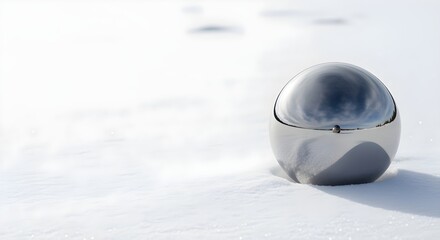 Single Ornament Scene Metallic sphere on empty snowy surface, perfect reflections.