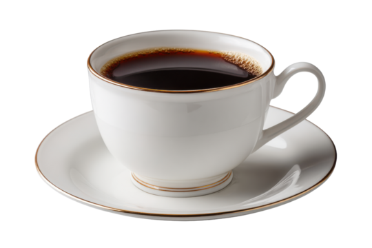 White porcelain cup filled with dark coffee and gold trim on black background image, Isolated On White Background, Png Transparent