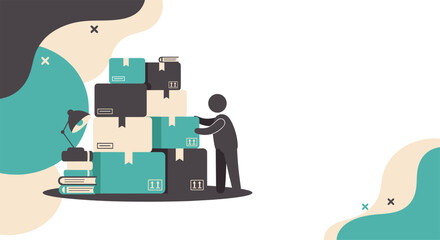 An illustration depicts a person moving boxes, symbolizing relocation, storage, or the concept of organizing and packing items for transport.