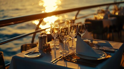 Elegant dining setup on a yacht at sunset.