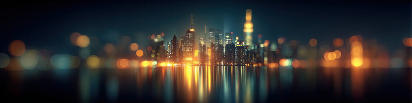 New York City skyline at dusk or night, glowing city lights, dramatic cinematic atmosphere, deep blue and dark  tones, subtle golden highlights on windows, soft contrast