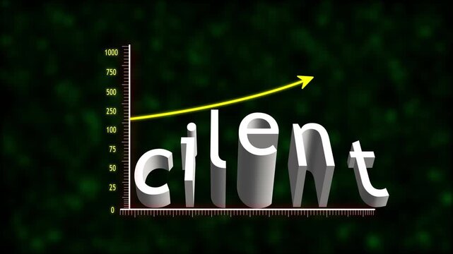 3D Cilent text growth chart with rising upward arrow showcasing increasing engagement and digital performance metrics.