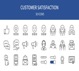 Illustration of customer satisfaction and feedback line icons set, featuring rating stars, emoticons, communication, and service symbols, isolated on white