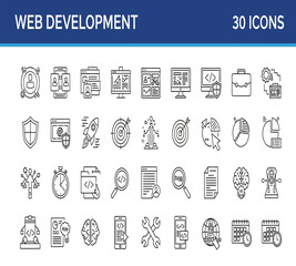 Illustration of web development icons set, 30 symbols for coding, programming, security, data, design, and project management, isolated on white background
