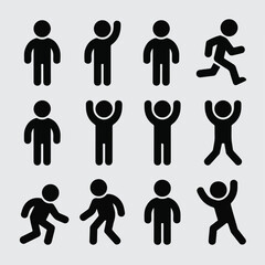 Minimalist Solid Black Stick Figure Dynamic Action Pose Icon Set