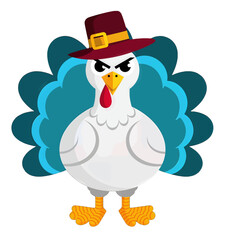 Fototapeta premium Angry Cartoon Turkey with Pilgrim Hat and Blue Feathers