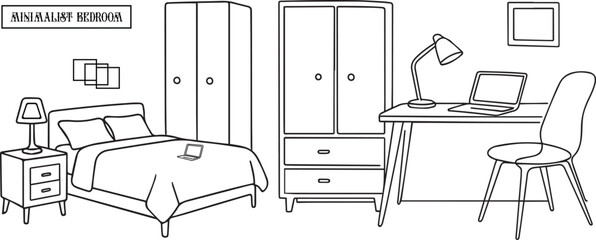 Minimalist Bedroom and Workspace Interior – Detailed Modern Line Art Illustration