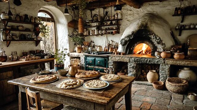 Cozy rustic kitchen with a large brick fireplace and vintage table setup