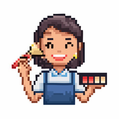 Pixel art illustration of a smiling female artist holding a paintbrush and a color palette, ready to create.