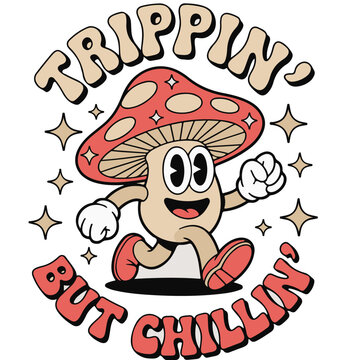 Trippin but chillin cartoon mushroom character running with a happy expression, wearing red shoes and white gloves