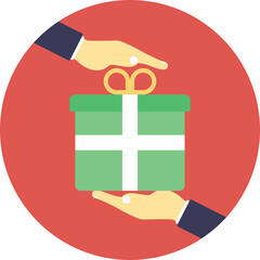 Two Hands Exchanging A Green Gift Box With A White Ribbon And Bow Isolated On A Red Circular Background With A Transparent Center