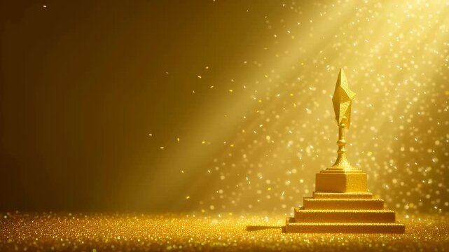 Gold luxury trophy shining with sweep angle in spotlight.Victory and goal success concepts