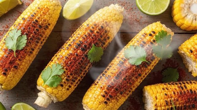 Grilled corn on the cob with lime and herbs overhead close up