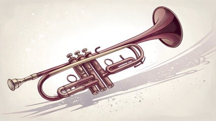 Watercolor painting of a single trumpet in Mauve Wine, lively and rhythmic, celebration, against bright white background with copy space, words + concept