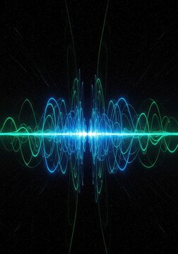 A complex abstract digital background showing blue and green sine waves and frequency modulation patterns, representing energy flow and rhythmic vibration ,futuristic ,Oscillation ,geometric